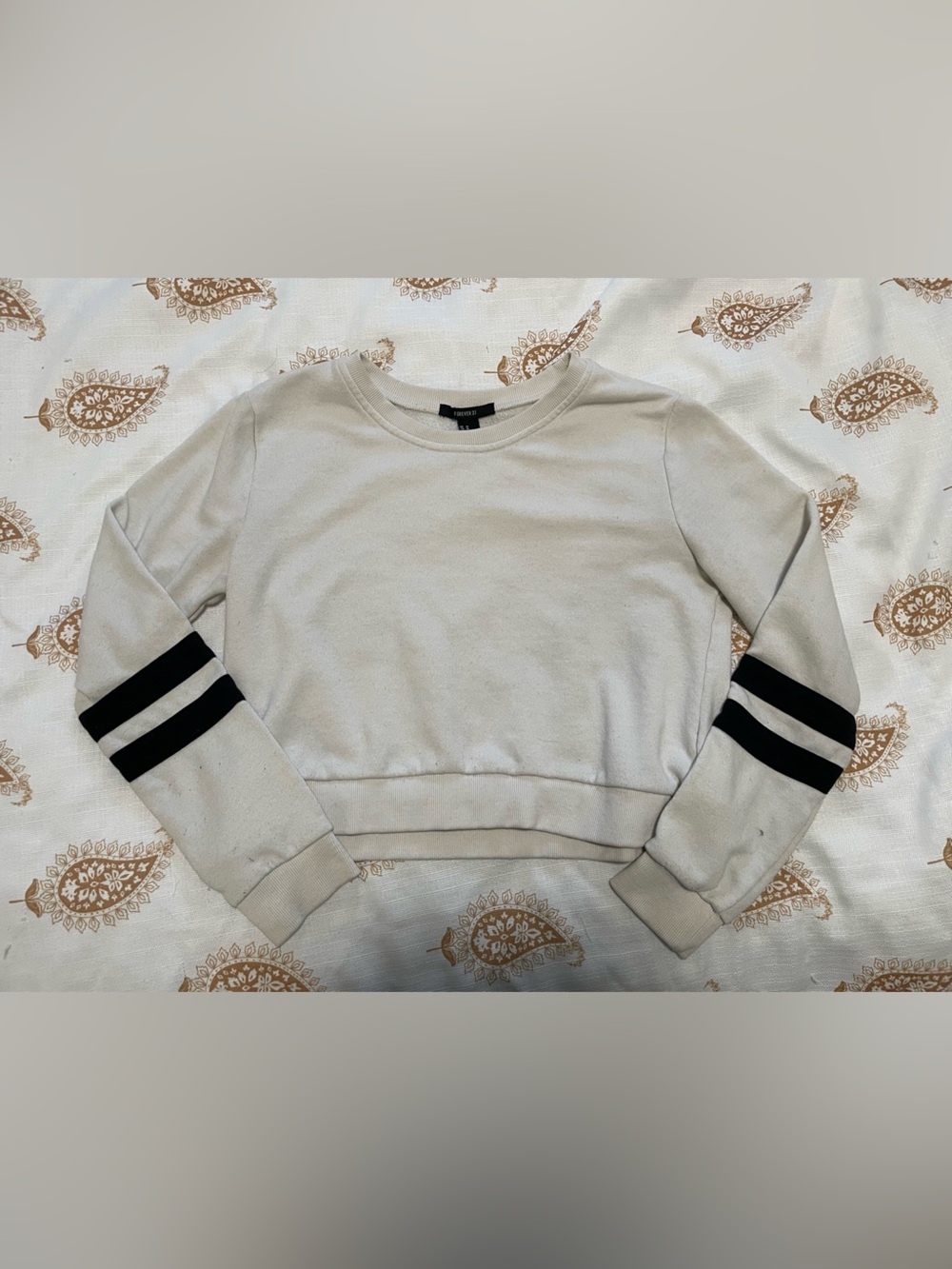 Forever 21 Cream Crewneck Sweater with Black Sleeve Stripes